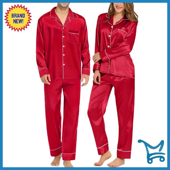 Silk Satin Couples Pajama Set Long Sleeve Button Down Sleepwear 2PC